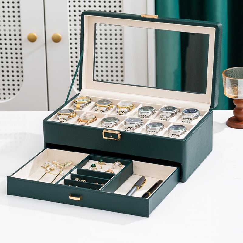 Kožna kutija za satove i nakit s uzorkom Lychee, 3, 6 ili 12 pretinaca, jednostruka ili dvostruko složena, pakiranje poput poklon kutije s poklopcem i dnom