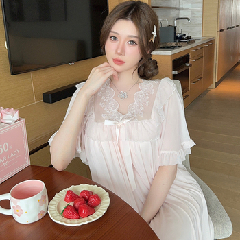 Νυχτικό από διχτυωτό ύφασμα με δαντελένιο φιόγκο, στυλ πριγκίπισσας, V-λαιμό, μανίκια 3/4