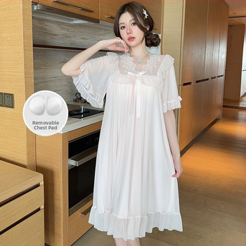 Νυχτικό από διχτυωτό ύφασμα με δαντελένιο φιόγκο, στυλ πριγκίπισσας, V-λαιμό, μανίκια 3/4