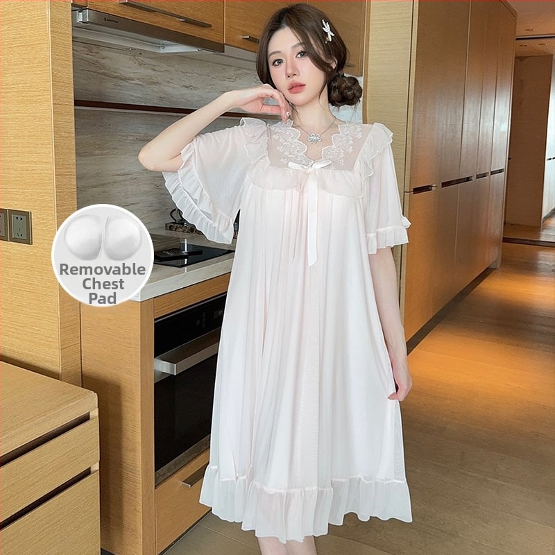 Νυχτικό από διχτυωτό ύφασμα με δαντελένιο φιόγκο, στυλ πριγκίπισσας, V-λαιμό, μανίκια 3/4