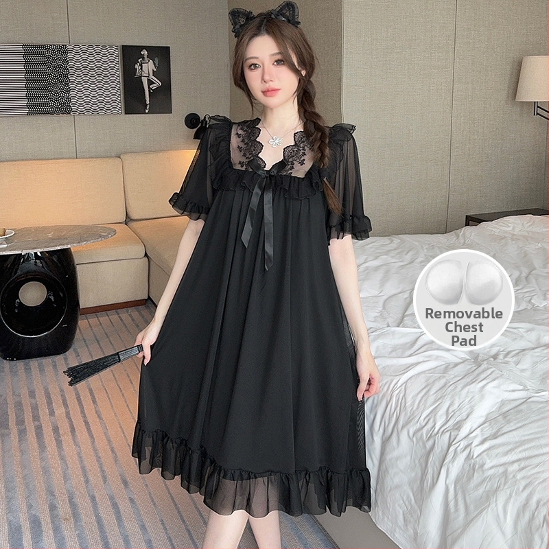 Νυχτικό από διχτυωτό ύφασμα με δαντελένιο φιόγκο, στυλ πριγκίπισσας, V-λαιμό, μανίκια 3/4