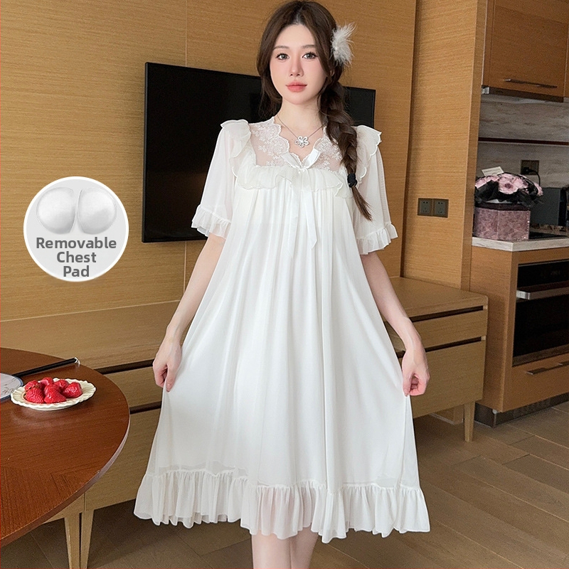 Νυχτικό από διχτυωτό ύφασμα με δαντελένιο φιόγκο, στυλ πριγκίπισσας, V-λαιμό, μανίκια 3/4