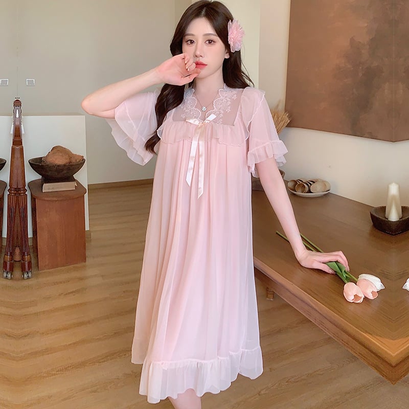 Νυχτικό από διχτυωτό ύφασμα με δαντελένιο φιόγκο, στυλ πριγκίπισσας, V-λαιμό, μανίκια 3/4