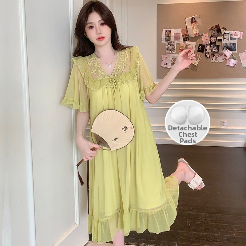 Νυχτικό από διχτυωτό ύφασμα με δαντελένιο φιόγκο, στυλ πριγκίπισσας, V-λαιμό, μανίκια 3/4