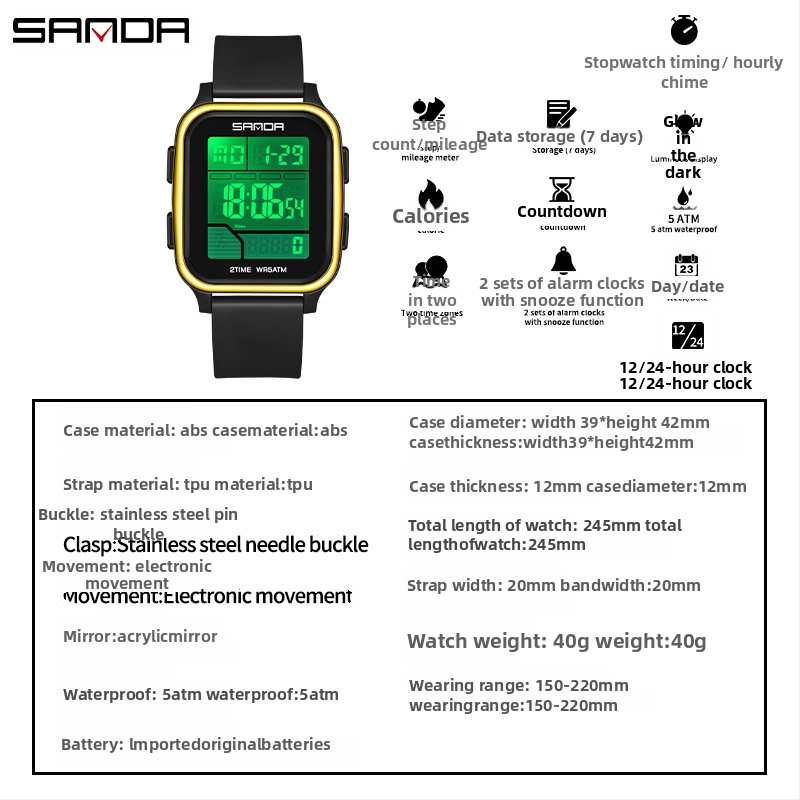 Sanda többfunkciós digitális sportóra kettős idő kijelzővel, lépésszámláló, kalóriaszámláló, két ébresztő, 50 m vízálló