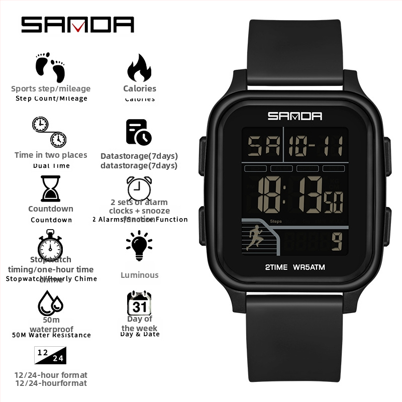 Sanda többfunkciós digitális sportóra kettős idő kijelzővel, lépésszámláló, kalóriaszámláló, két ébresztő, 50 m vízálló