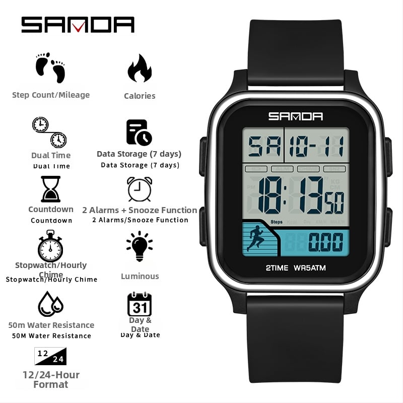 Sanda többfunkciós digitális sportóra kettős idő kijelzővel, lépésszámláló, kalóriaszámláló, két ébresztő, 50 m vízálló