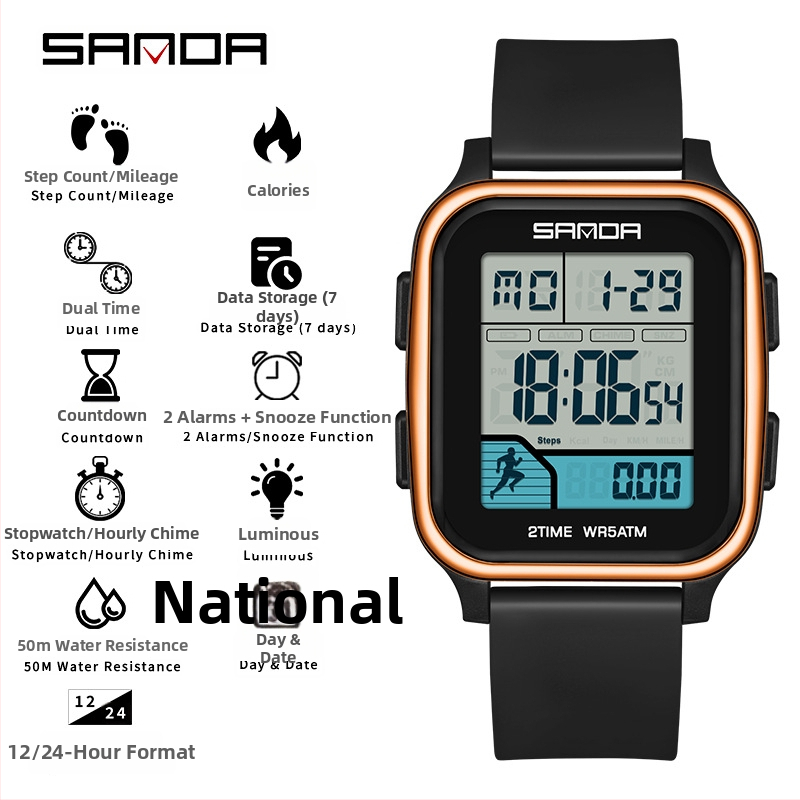 Sanda többfunkciós digitális sportóra kettős idő kijelzővel, lépésszámláló, kalóriaszámláló, két ébresztő, 50 m vízálló