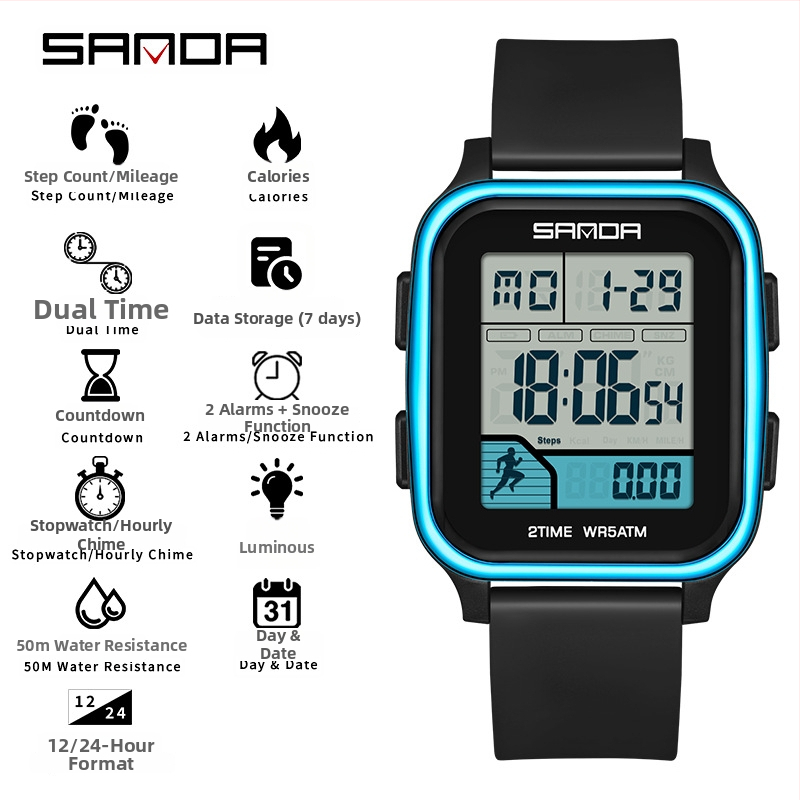 Sanda többfunkciós digitális sportóra kettős idő kijelzővel, lépésszámláló, kalóriaszámláló, két ébresztő, 50 m vízálló