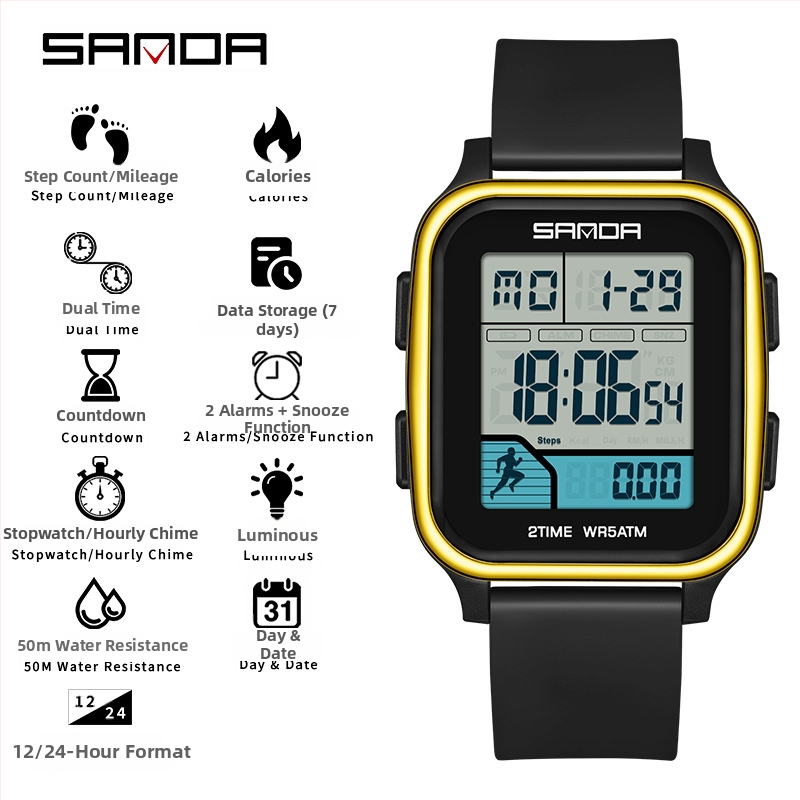 Sanda többfunkciós digitális sportóra kettős idő kijelzővel, lépésszámláló, kalóriaszámláló, két ébresztő, 50 m vízálló
