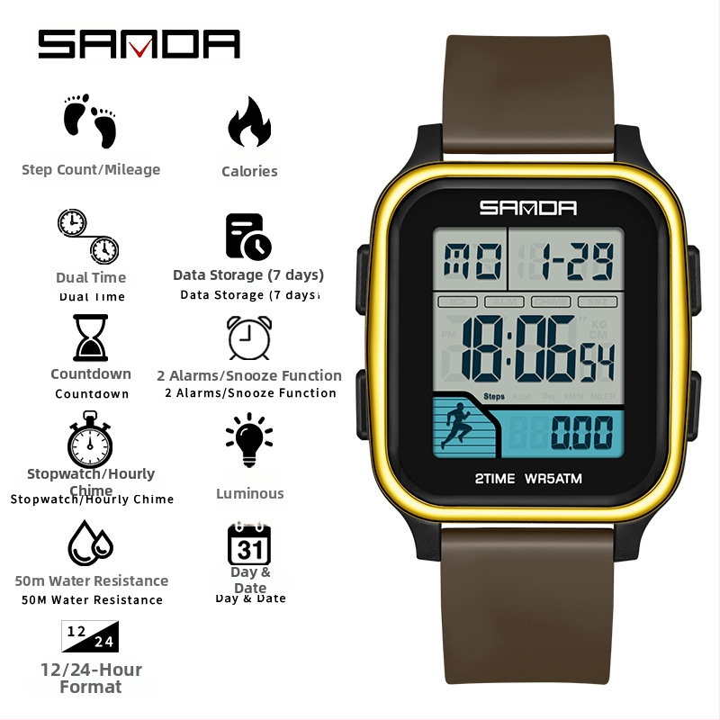 Sanda többfunkciós digitális sportóra kettős idő kijelzővel, lépésszámláló, kalóriaszámláló, két ébresztő, 50 m vízálló