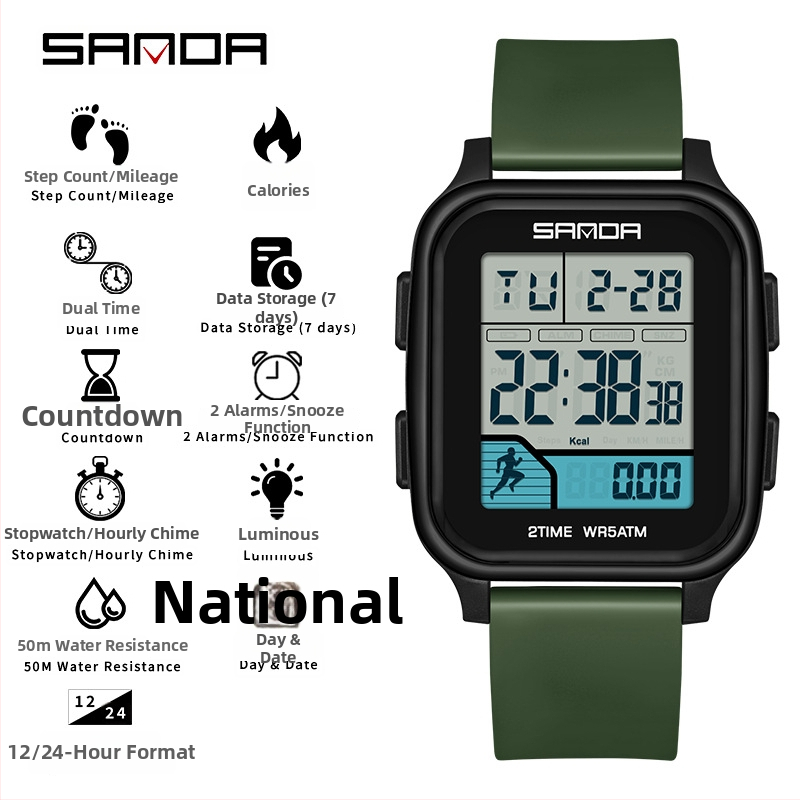 Sanda többfunkciós digitális sportóra kettős idő kijelzővel, lépésszámláló, kalóriaszámláló, két ébresztő, 50 m vízálló