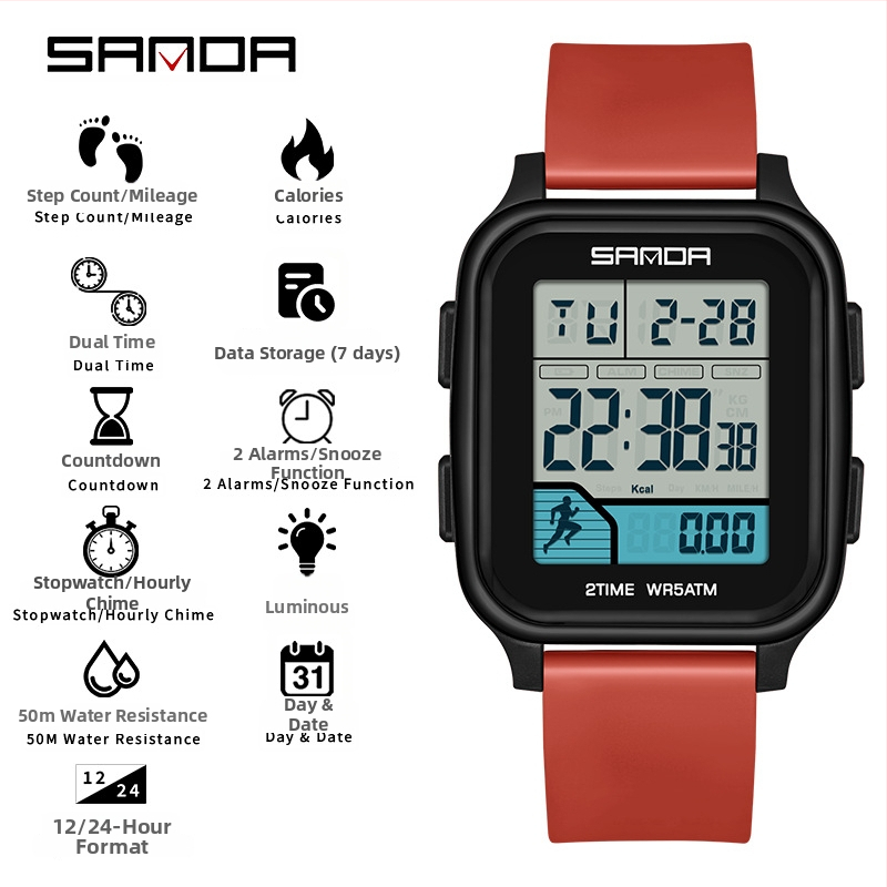 Sanda többfunkciós digitális sportóra kettős idő kijelzővel, lépésszámláló, kalóriaszámláló, két ébresztő, 50 m vízálló