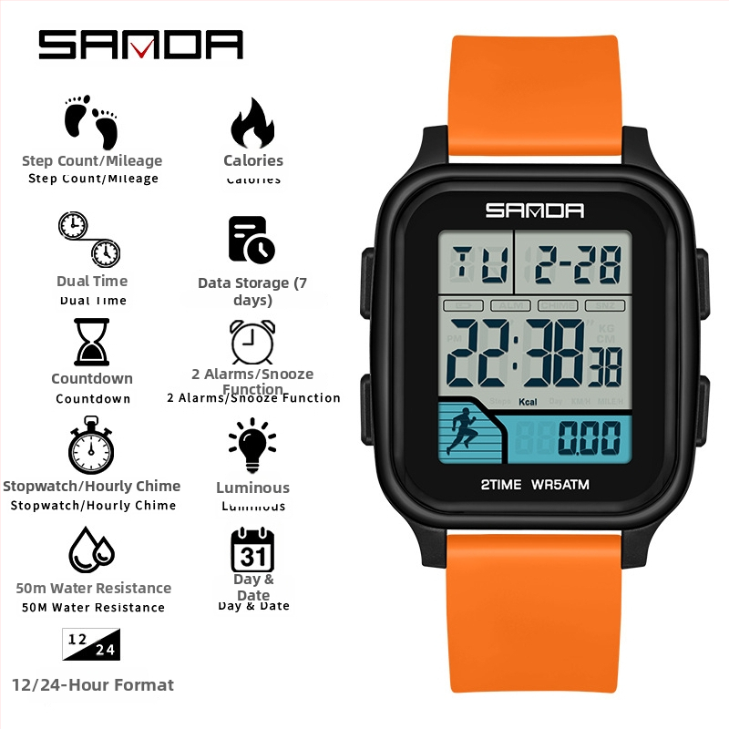 Sanda többfunkciós digitális sportóra kettős idő kijelzővel, lépésszámláló, kalóriaszámláló, két ébresztő, 50 m vízálló