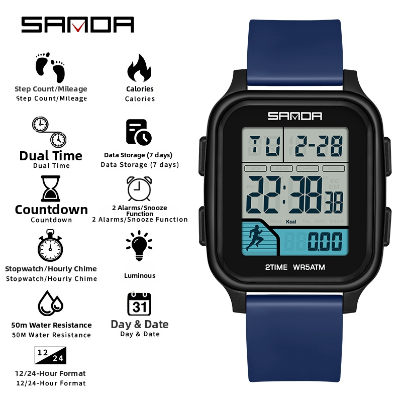 Sanda többfunkciós digitális sportóra kettős idő kijelzővel, lépésszámláló, kalóriaszámláló, két ébresztő, 50 m vízálló
