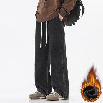 Мъжки дънки с свободна кройка, прави крака, средно висока талия, деним памук, измиване с пясък