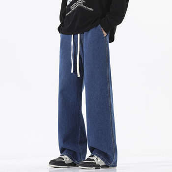 Мъжки дънки с свободна кройка, прави крака, средно висока талия, деним памук, измиване с пясък