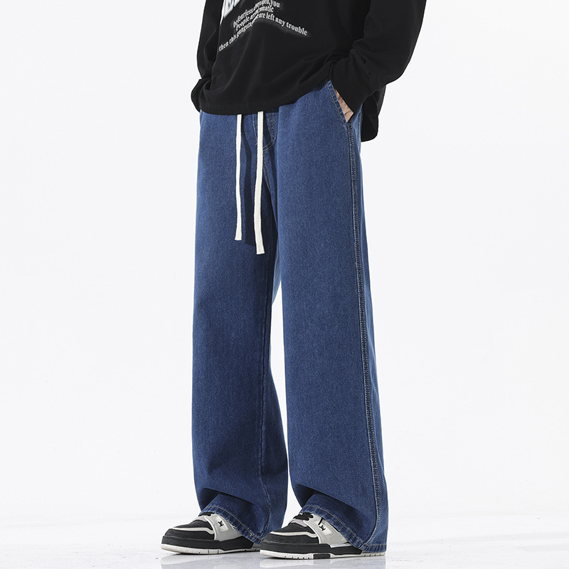 Мъжки дънки с свободна кройка, прави крака, средно висока талия, деним памук, измиване с пясък