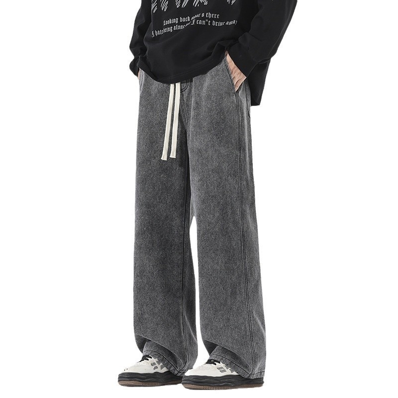 Мъжки дънки с свободна кройка, прави крака, средно висока талия, деним памук, измиване с пясък