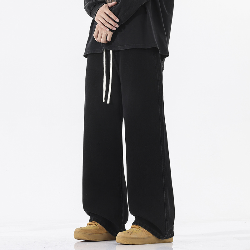 Мъжки дънки с свободна кройка, прави крака, средно висока талия, деним памук, измиване с пясък