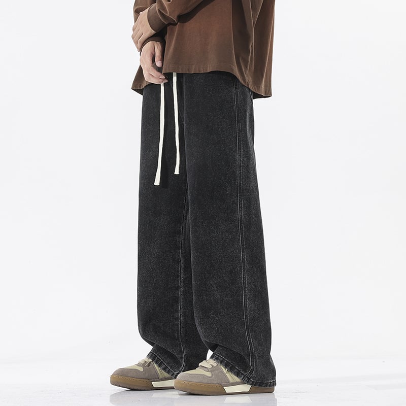 Мъжки дънки с свободна кройка, прави крака, средно висока талия, деним памук, измиване с пясък