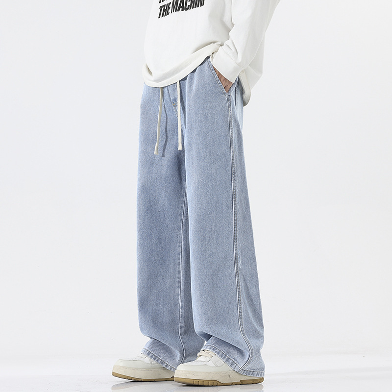 Мъжки дънки с свободна кройка, прави крака, средно висока талия, деним памук, измиване с пясък