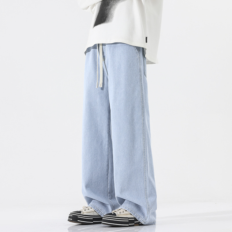 Мъжки дънки с свободна кройка, прави крака, средно висока талия, деним памук, измиване с пясък