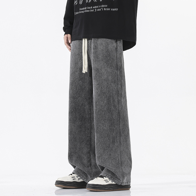 Мъжки дънки с свободна кройка, прави крака, средно висока талия, деним памук, измиване с пясък