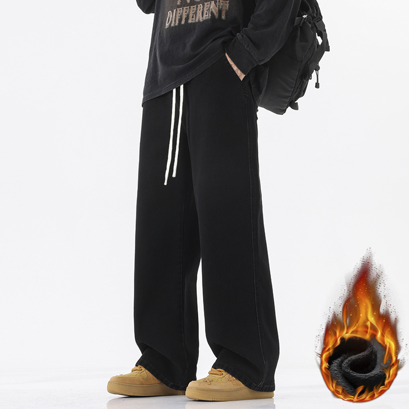 Мъжки дънки с свободна кройка, прави крака, средно висока талия, деним памук, измиване с пясък