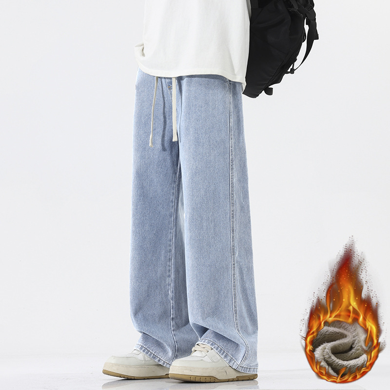 Мъжки дънки с свободна кройка, прави крака, средно висока талия, деним памук, измиване с пясък