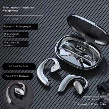Tulkošanas austiņas ar AI reāllaika tulkojumu, Bluetooth 5.0, IPX3 ūdensdrošas, diapazons 15 m, darbības laiks 4–8 h