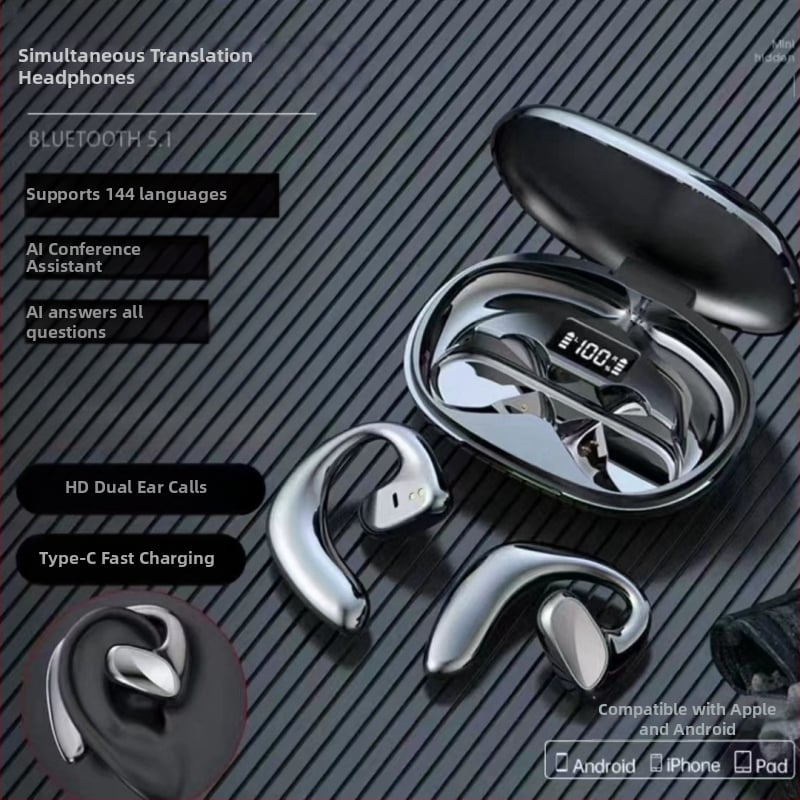 Tulkošanas austiņas ar AI reāllaika tulkojumu, Bluetooth 5.0, IPX3 ūdensdrošas, diapazons 15 m, darbības laiks 4–8 h