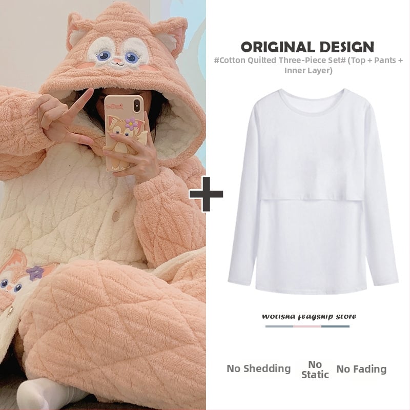 Σετ πιτζάμες εγκύου και θηλάζουσας — κουκούλα, μακριά μανίκια, τριπλό quilted βαμβακερό ύφασμα, 100% πολυεστέρας, τρία τεμάχια