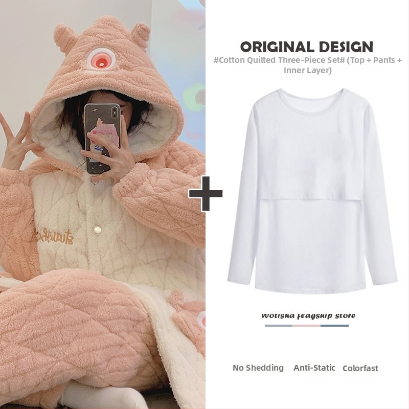 Σετ πιτζάμες εγκύου και θηλάζουσας — κουκούλα, μακριά μανίκια, τριπλό quilted βαμβακερό ύφασμα, 100% πολυεστέρας, τρία τεμάχια