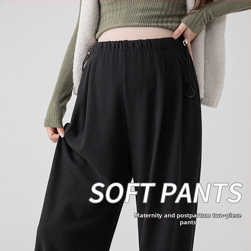Παντελόνια εγκυμοσύνης από μαλλί-πολυεστέρα, φαρδιά γραμμή, ψηλή μέση, επένδυση φλίς, στήριξη κοιλιάς