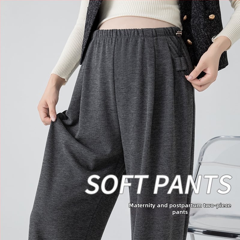 Παντελόνια εγκυμοσύνης από μαλλί-πολυεστέρα, φαρδιά γραμμή, ψηλή μέση, επένδυση φλίς, στήριξη κοιλιάς