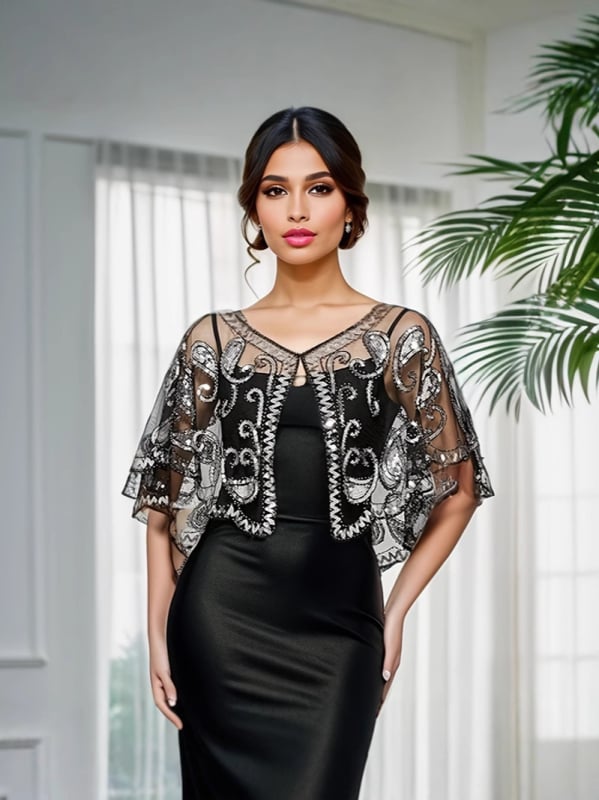 1920 Gatsby õhtukleit sequin- ja võrgustikust materjaliga, A-liiniline lõige, varrukateta, sügav V-kaelus, helmestega kaunistused.