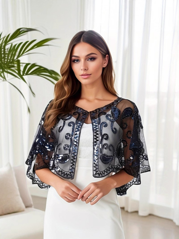 1920 Gatsby õhtukleit sequin- ja võrgustikust materjaliga, A-liiniline lõige, varrukateta, sügav V-kaelus, helmestega kaunistused.