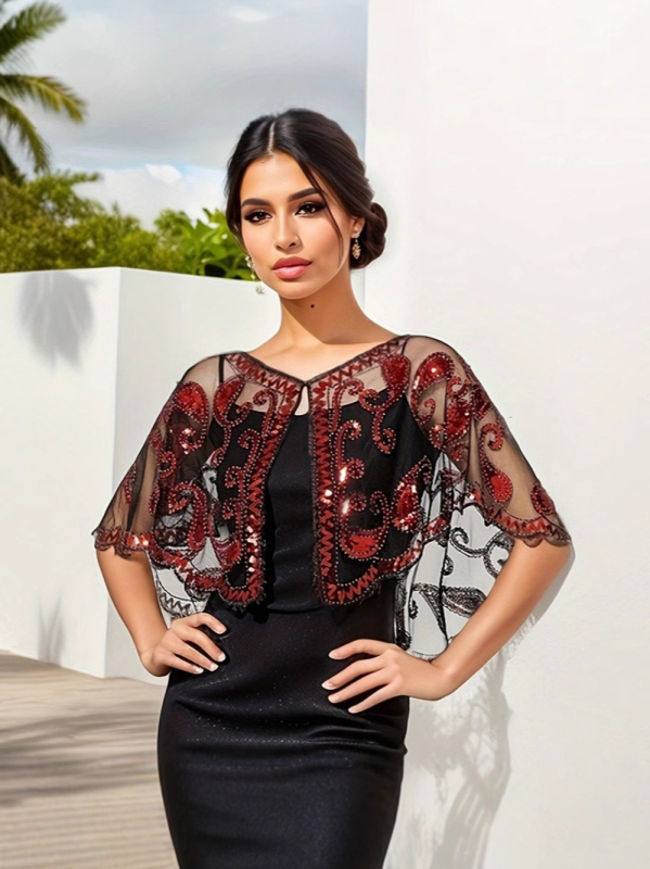 1920 Gatsby õhtukleit sequin- ja võrgustikust materjaliga, A-liiniline lõige, varrukateta, sügav V-kaelus, helmestega kaunistused.