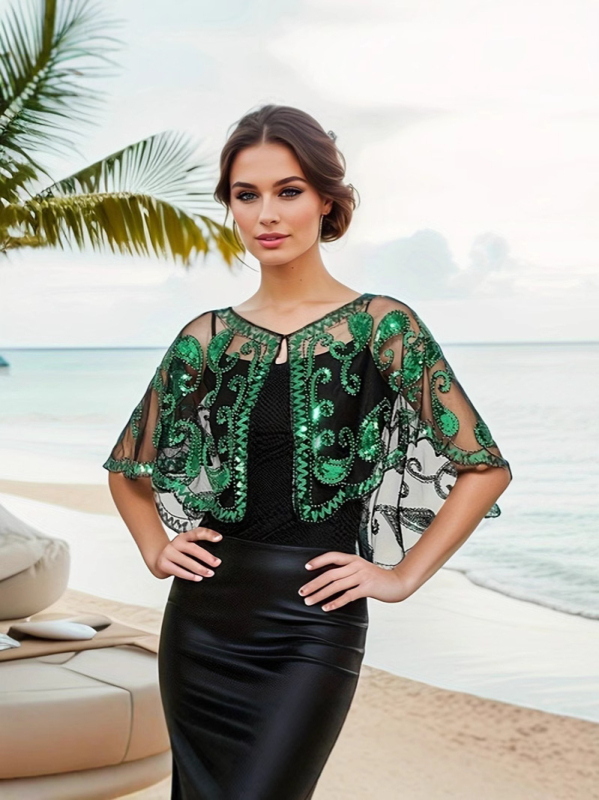 1920 Gatsby õhtukleit sequin- ja võrgustikust materjaliga, A-liiniline lõige, varrukateta, sügav V-kaelus, helmestega kaunistused.