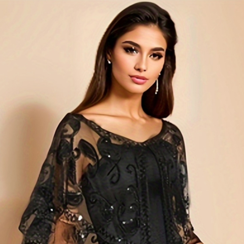 1920 Gatsby õhtukleit sequin- ja võrgustikust materjaliga, A-liiniline lõige, varrukateta, sügav V-kaelus, helmestega kaunistused.