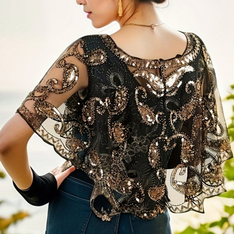 1920 Gatsby õhtukleit sequin- ja võrgustikust materjaliga, A-liiniline lõige, varrukateta, sügav V-kaelus, helmestega kaunistused.