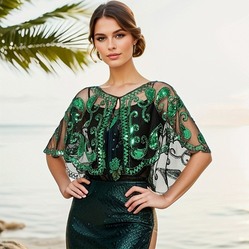 1920 Gatsby õhtukleit sequin- ja võrgustikust materjaliga, A-liiniline lõige, varrukateta, sügav V-kaelus, helmestega kaunistused.