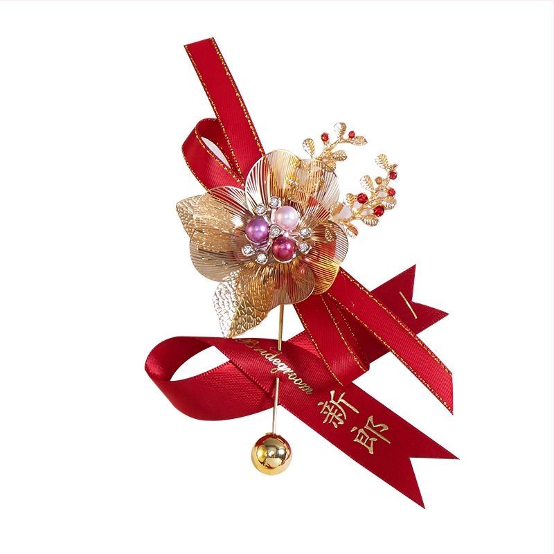 Svadobný set corsage zo hedvábných kvetov, ručne vyrobené brošne pre nevestu, ženícha a rodičov