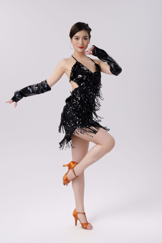 Rochie de dans latino pe scenă cu ciucuri și paiete, curele cu paiete, decupată la spate, 95% poliester / 5% spandex, femeie, pentru competiții latino