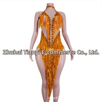 Naistei võrgust kleit, millel läikivad rhinestones ja frangid – lavastuslik kostüüm Latīno tantsude jaoks, Euroopa ja Ameerika stiil, 2025 sügis, polüester-spandex-puuvillase segu