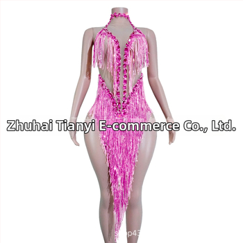 Naistei võrgust kleit, millel läikivad rhinestones ja frangid – lavastuslik kostüüm Latīno tantsude jaoks, Euroopa ja Ameerika stiil, 2025 sügis, polüester-spandex-puuvillase segu