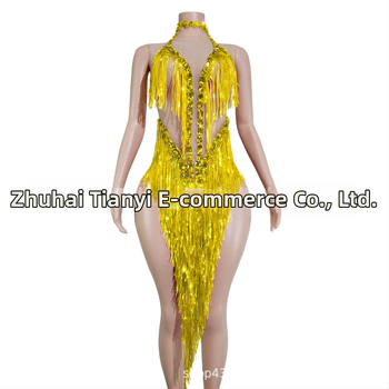 Naistei võrgust kleit, millel läikivad rhinestones ja frangid – lavastuslik kostüüm Latīno tantsude jaoks, Euroopa ja Ameerika stiil, 2025 sügis, polüester-spandex-puuvillase segu