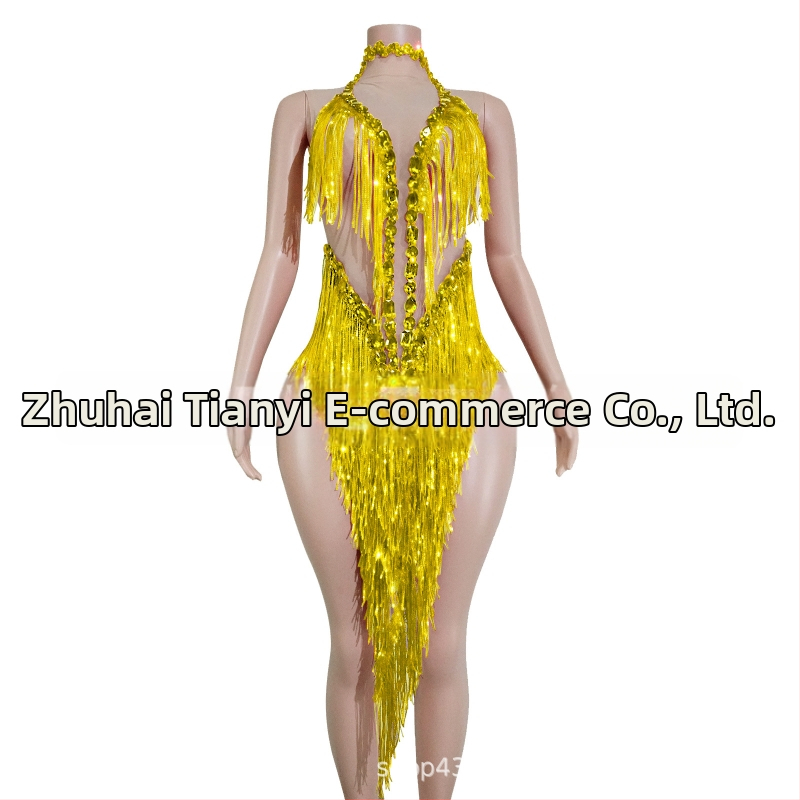 Dámske šaty z mreže s trblietavými flitrami a strapcami – kostým na pódiový tanec latinského štýlu, európsky a americký štýl, jeseň 2025, zmes polyester-spandex-bavlna