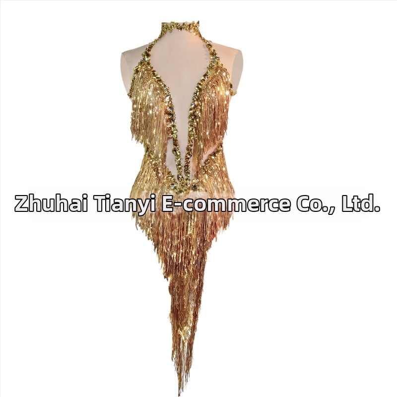 Naistei võrgust kleit, millel läikivad rhinestones ja frangid – lavastuslik kostüüm Latīno tantsude jaoks, Euroopa ja Ameerika stiil, 2025 sügis, polüester-spandex-puuvillase segu